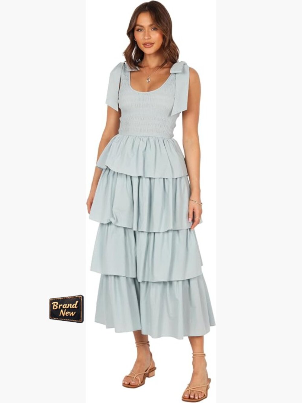 Tiered Maxi Dress Scoop Neck Spaghetti Strap Shirred Bodice Sleeveless Cotton